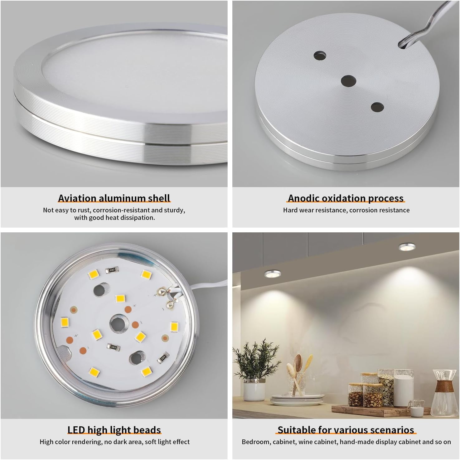 4 Pack LED Puck Lights with Remote, Under Cabinet Kitchen Lights Plug in, Dimmable Under Counter Light Fixtures, Wired Puck Lights for Closet, Shelf, Display(4000K, Natural White)