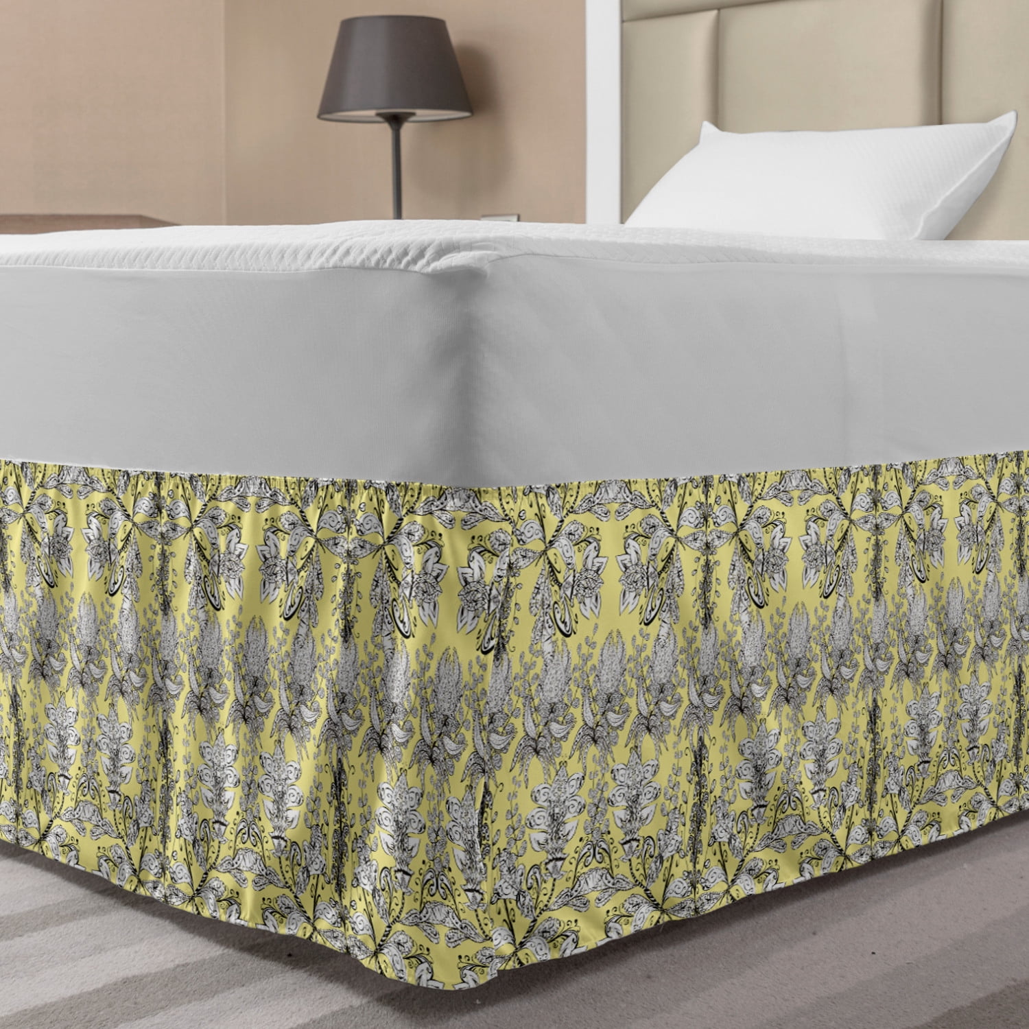 Grey and Yellow Bed Skirt, Bohem Design with Flowers Leaves Swirls and