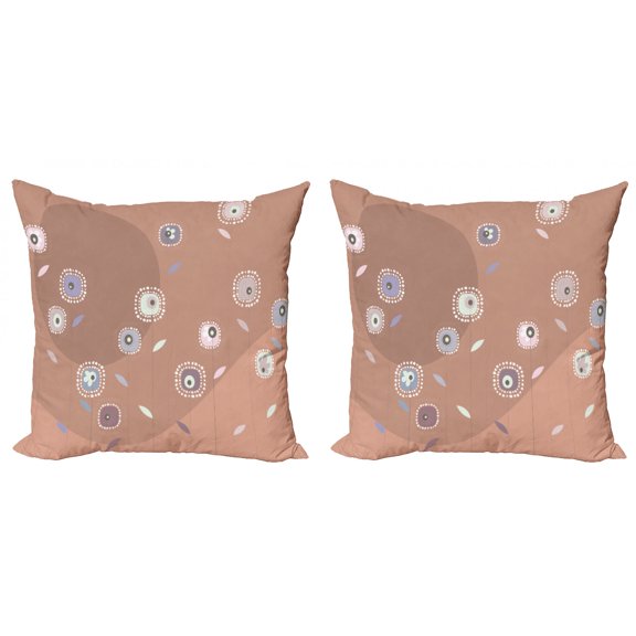 Abstract Throw Pillow Cushion Cover Pack of 2, Cartoon Design Dandelion Flowers with Single Leaf Chocolate Background, Zippered Double-Side Digital Print, 4 Sizes, Multicolor, by Ambesonne