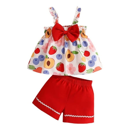 

Newborn Girl Outfits Halloween Toddler Girls Sleeveless Bowknot Fruits Prints T Shirt Tops Shorts Outfits Clothes For Girls Red 2-3 Years
