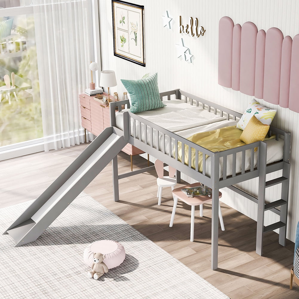 Kadyn Twin Size Low Loft Bed with Ladder and Slide, Gray