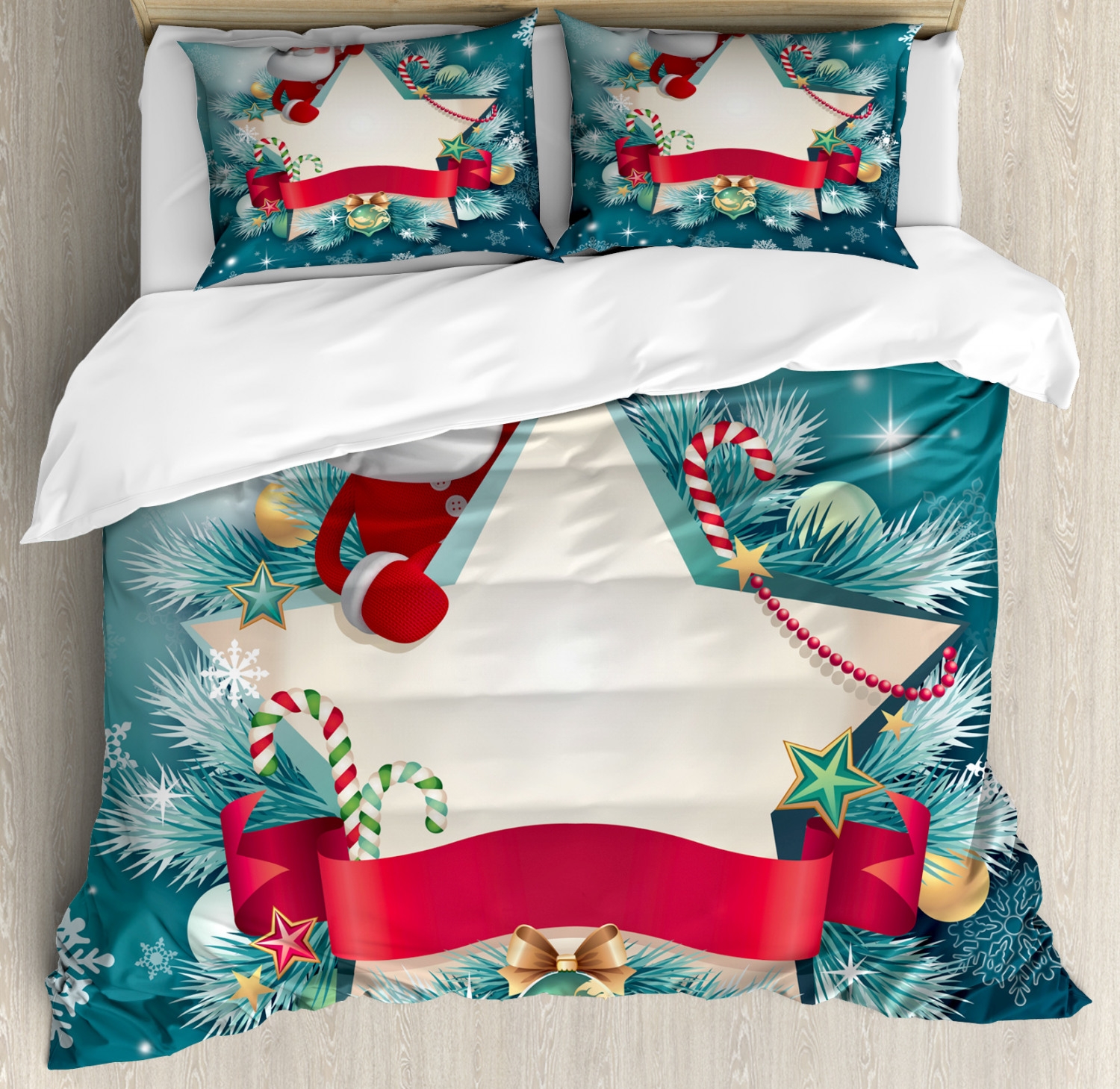 Christmas Duvet Cover Set, Santa Claus Star Banner Snowflakes Ribbon