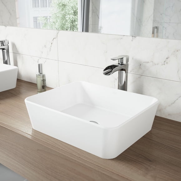 VIGO VG04003 17.75" L -14.375" W -5.0" H Marigold Handmade Matte Stone Rectangle Vessel Bathroom Sink in Matte White Finish