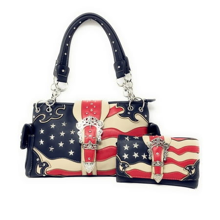 Leather Concealed - Texas West American Flag Rhinestone Women Leather Concealed Handbags Purse Wallet Set In Multi Colors