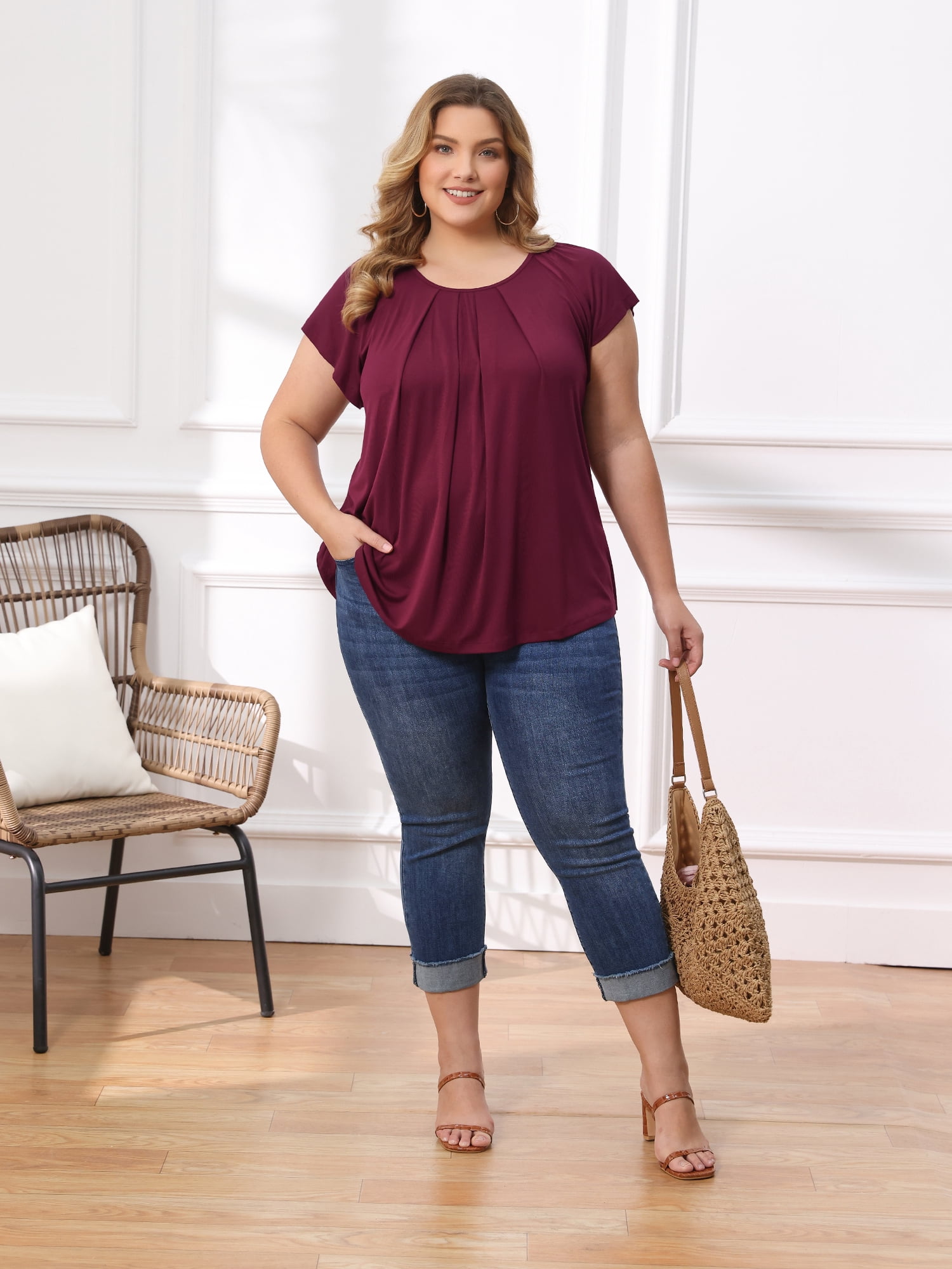 Women's Plus Summer Blouse Pleated Ruffle Sleeve Round Neck Loose Tops 4X Purple
