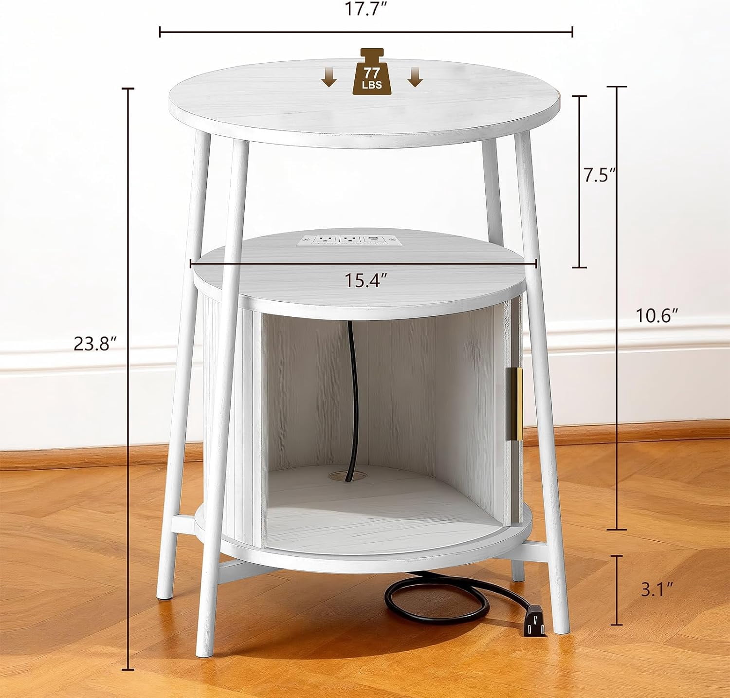Set of 2 Round Fluted Accent Side Table with Charging Station and Sliding Door – Mid-Century Modern End Table, Compact Nightstand for Living Room, Bedroom, Sofa Couch, White