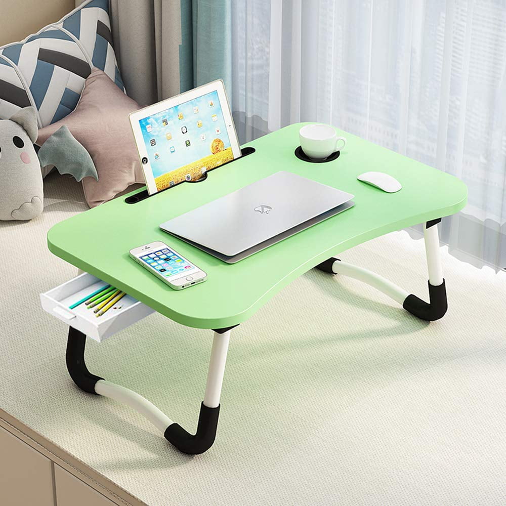 Lap Laptop Desk With Storage Drawer  Holders For Cup And Tablet Bed Tray Table Foldable Stand Portable Standing Sofa Couch Floor (23.6" Green)