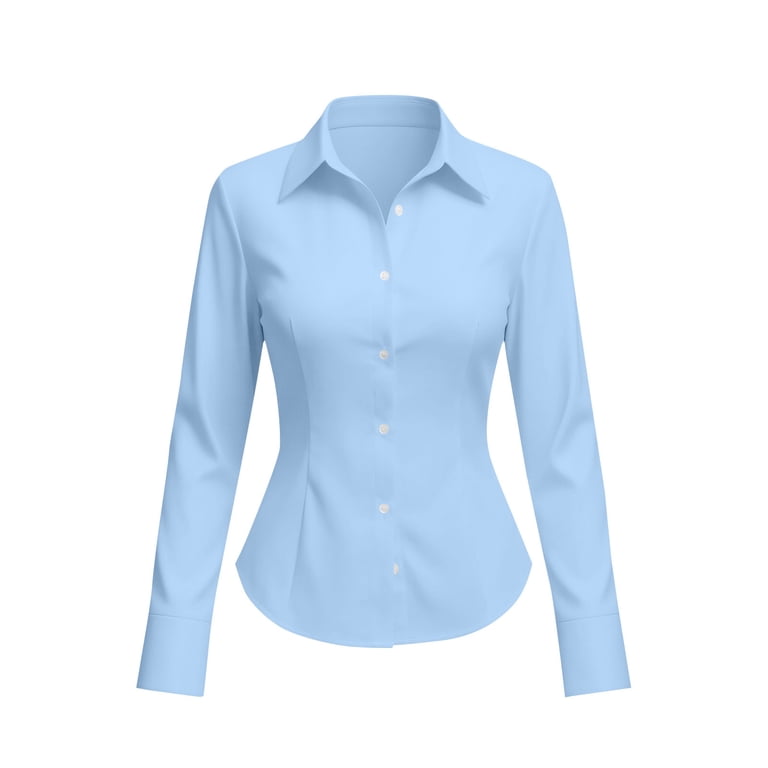blue dress shirts for women Hatoys Women's Button Down Long Sleeve Collared Tailored Fit Stretch Blouse Curved Hem Work Office Business Casual, Light Blue, M backFPperm7/1 black mini birthday dress Color:Blue Grey which will be more