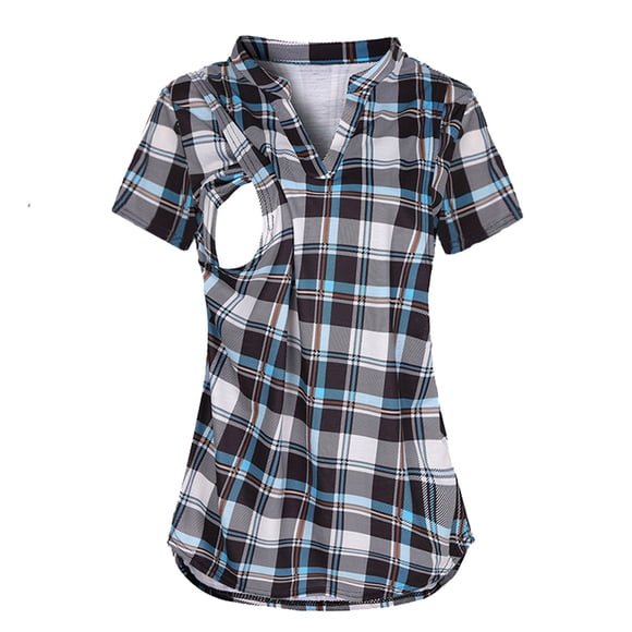 Cameland Breastfeeding Shirts For Women Maternity V-Neck Plaid Short Sleeve Breast-Feeding Pregnant Woman Nursing Blouse Tops