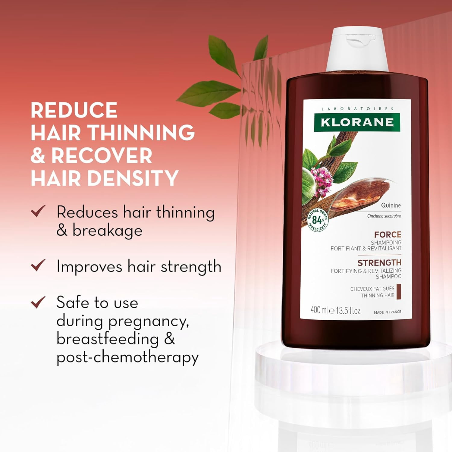Klorane Strengthening Shampoo with Quinine and Edelweiss - Reduce Hair Thinning & Breakage - Strengthens & Revitalizes, 13.5 fl oz