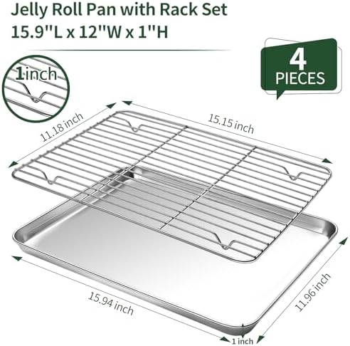 Baking Sheet and Cooling Rack Set (2 Baking Pans + 2 Baking Racks), Stainless Steel Cookie Sheet Baking Pan Tray for Toaster Oven, Non Toxic & Heavy Duty & Easy Clean, Size 16 x 12 x 1 Inches
