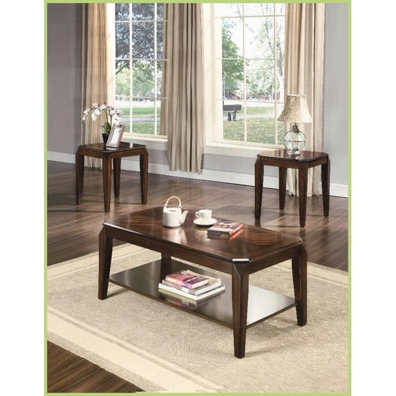 Docila 3PC Coffee & End Table Set - Timeless Walnut Finish, Extra Storage & Parquet Top for Living Room