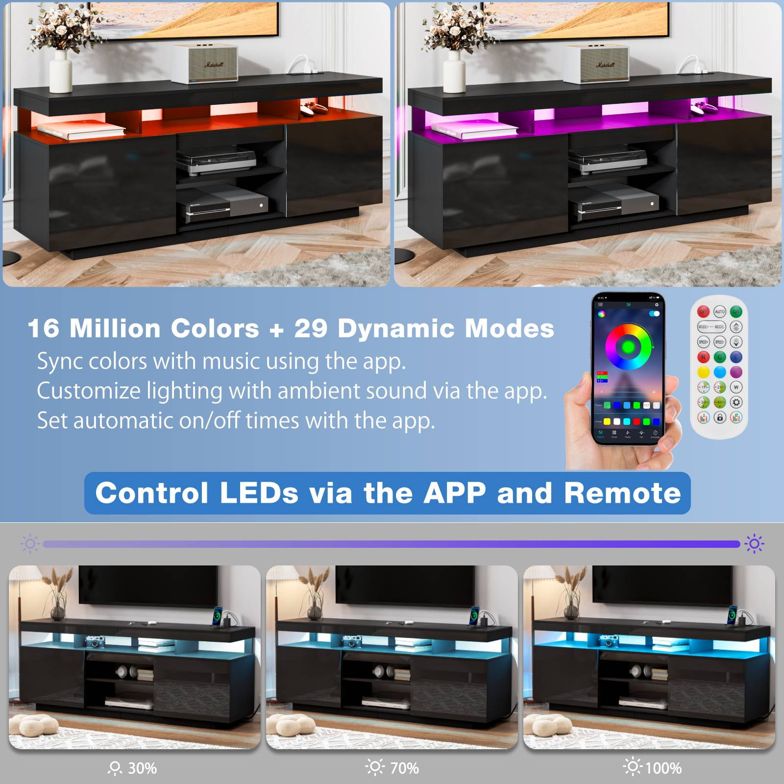 Hommpa LED TV Stand for TVs up to 70" with Power Outlets Modern Entertainment Center High Gloss Large TV Cabinet Adjustable Shelf PS5 Storage Gaming Media Console