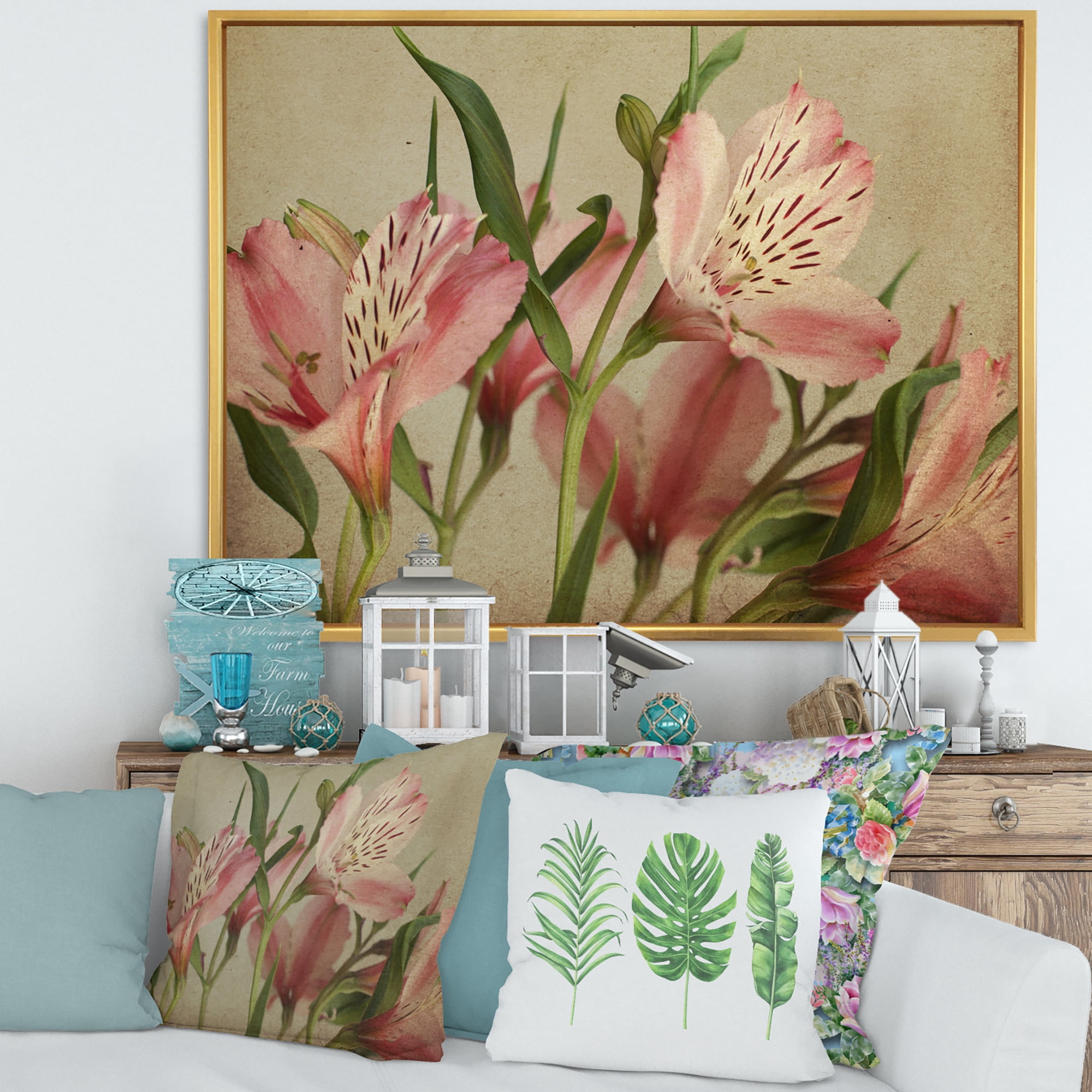 Designart 'Alstroemeria Flower Retro ' Traditional Framed Canvas Wall Art Print