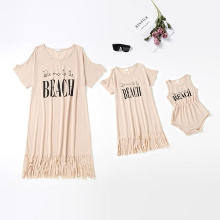 

Oulibao Fashion Mommy and Me Fringed Dress Patchwork Letter Print Casual Dress Baby Romper - Beige Baby 6-9M