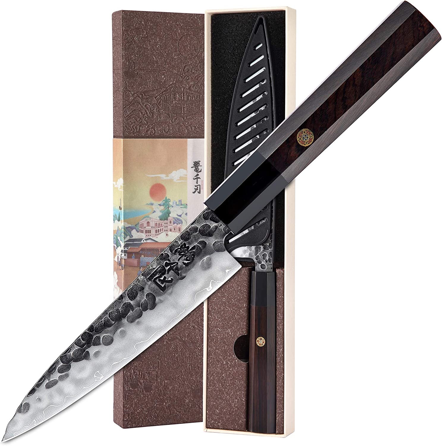 KONOLL Kitchen Knives 5 Inch Utility Knife 3 layer 9CR18MOV clad steel hammered with wooden handle，Multipurpose Top Kitchen Knife for Home and Restaurant