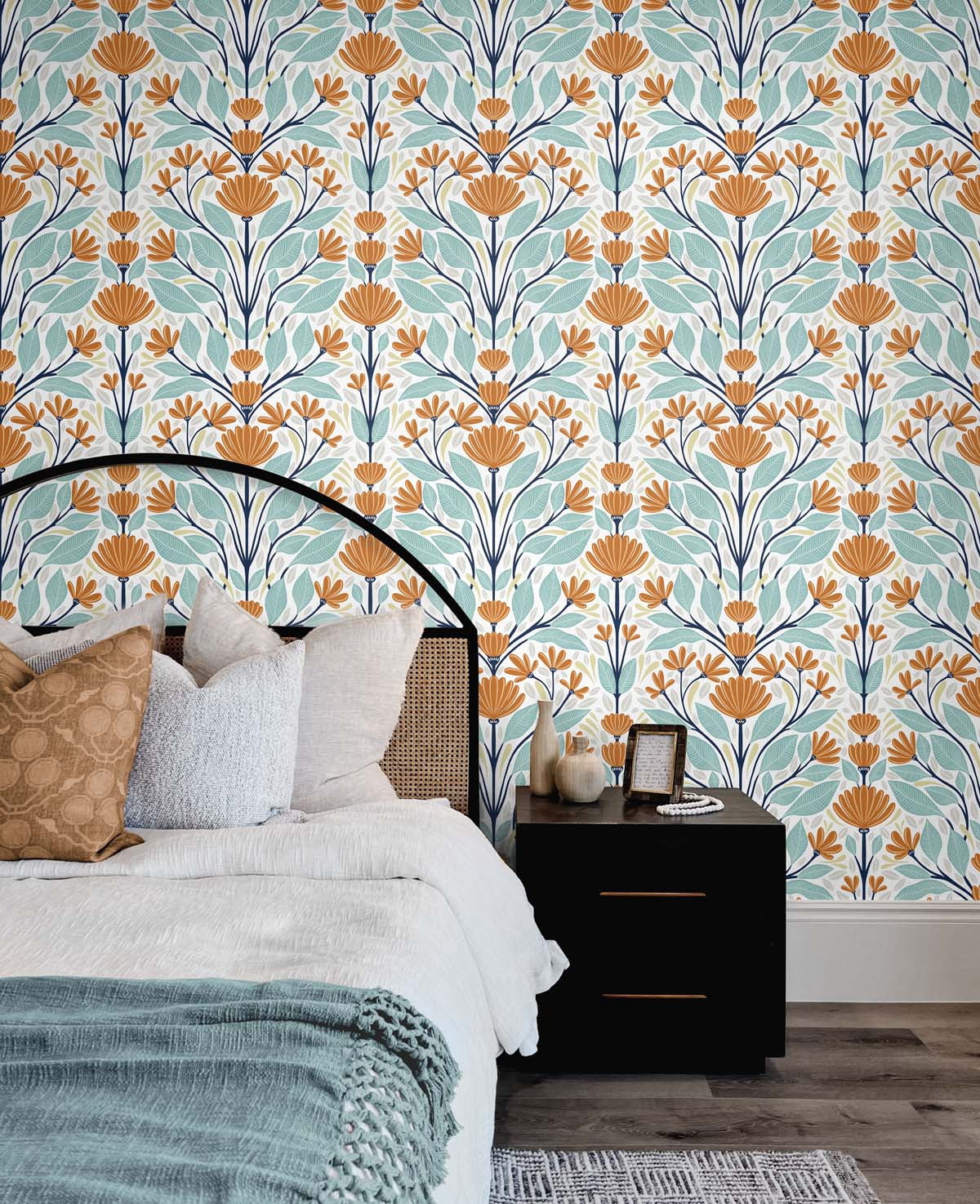 NextWall Verdigris & Orange Folk Floral Peel and Stick Wallpaper