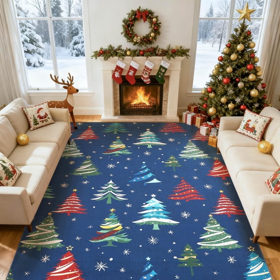 COZONY 8x10 Christmas Area Rug, Non-Slip Washable Low Pile Large Rug, Xmas Tree Pattern, Blue, Holiday Decor for Living Room & Bedroom