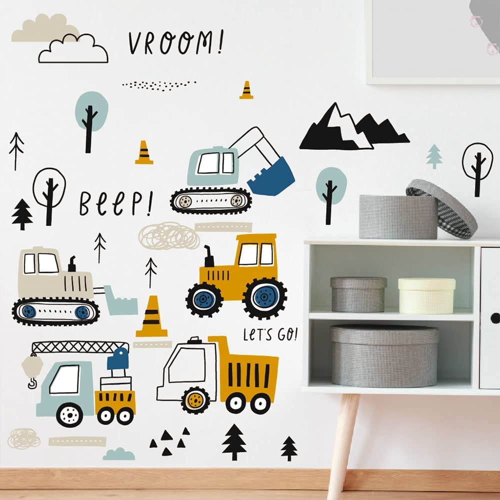 STONCEL 37 pcs Cartoon Bulldozer Digger Wall Stickers, Adorable Baby Boys Room Decor, Hand-painted Style Crane Truck Wall Decals for Bedroom Nursery, Construction Wall Murals Peel and Stick (37PCS)
