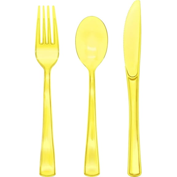 150 Pieces Yellow Plastic Silverware Disposable Clear Yellow Cutlery Sets 50 Forks, 50 Knives and 50 Spoons Heavy Duty for Party, Wedding, Birthday