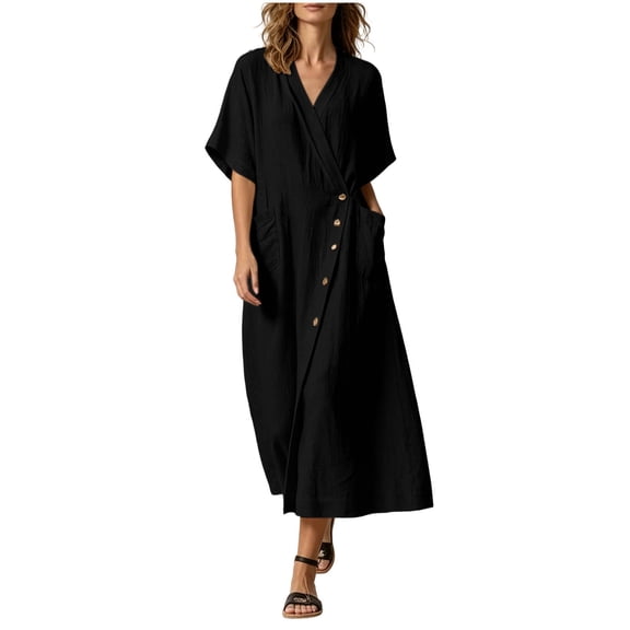 YuXingFu Womens Cotton Dresses with Sleeves Maxi 3/4 Sleeve Plus Size Womens Dress V-Neck with Pocket Long Casual Summer Black S