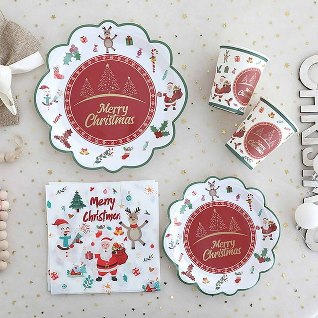 Christmas Decor Food Storage Christmas Pattern Disposable Paper Tableware Set (20pc Paper Towels + 10pc 7 Inch Paper Plates + 10pc 9 Inch Paper Plates + 10pc Paper Cups) A Must For Warm Xmas Parties