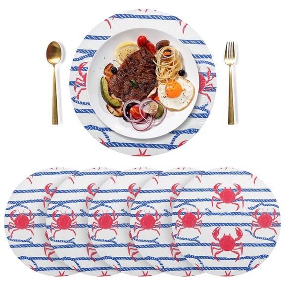 Round Placemats Plate Mats 15 Inch Non-Slip Heat Resistant Washable PVC Set Table Decoration for Kitchen Dining Red Crabs and Blue Stripes