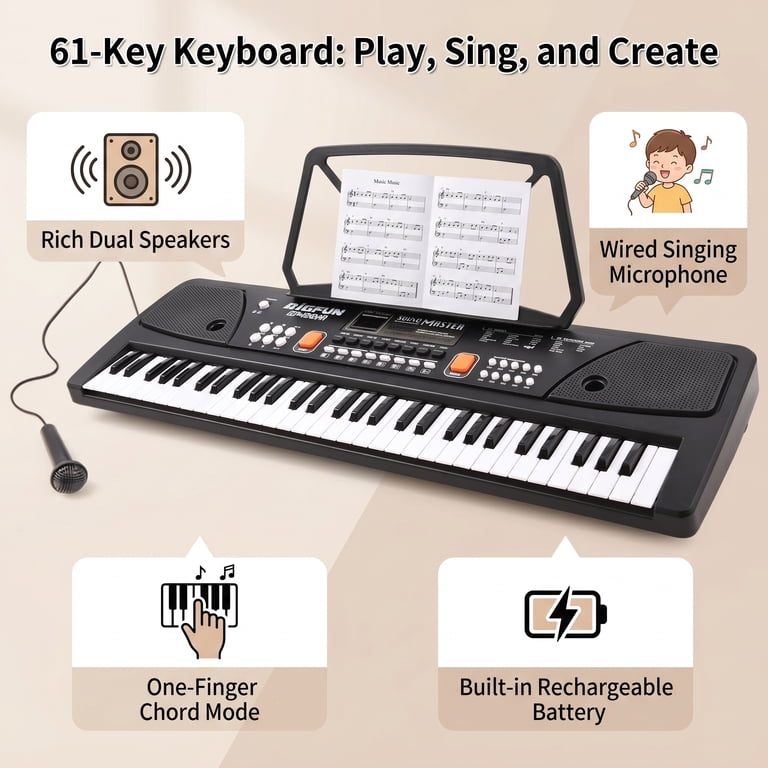 Eccomum 61-Key Rechargeable Piano Keyboard, Dual Stereo Speakers