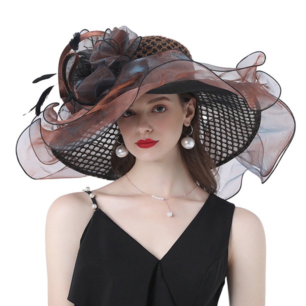 Txlixc Sombrero de mujer elegante tela de malla plegada con flores adornadas con cornisa ancha Txlixc moda
