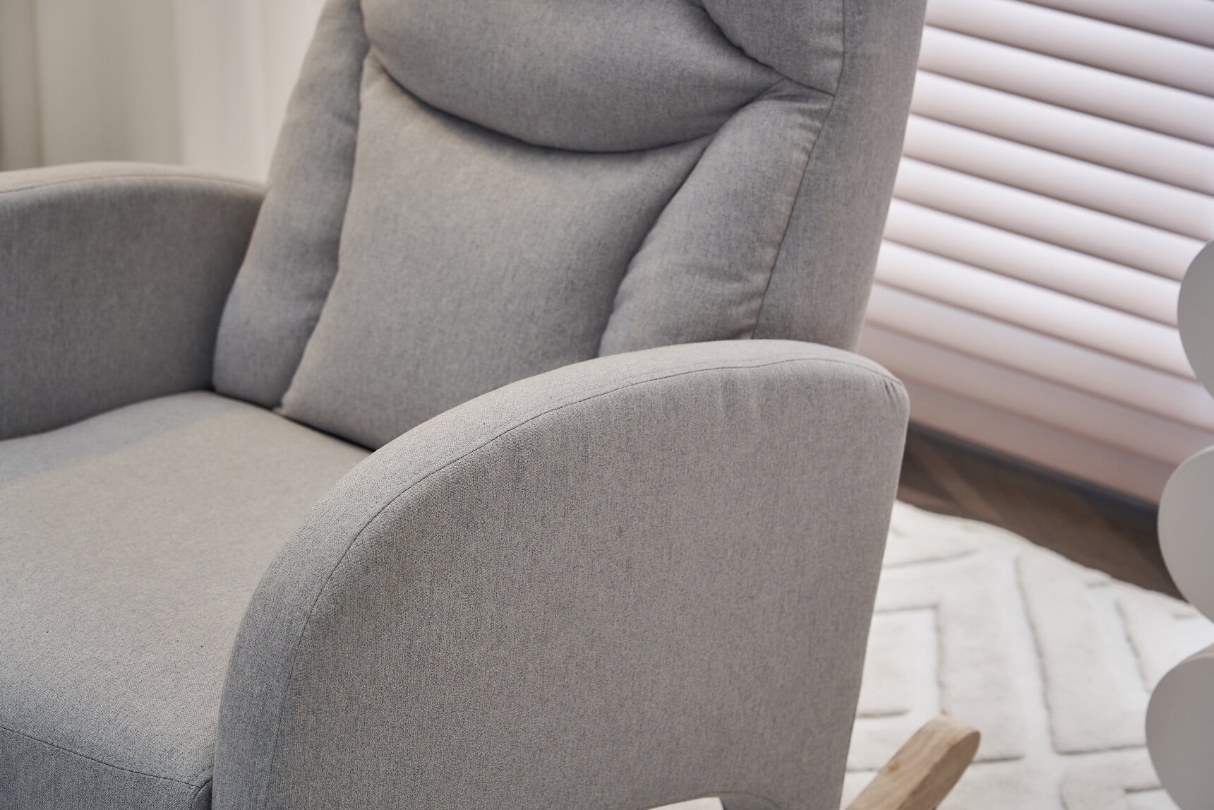 Nursery Rocking Chair with Two Side Pockets & Adjustable Footrest, Cotton Linen Fabric Rocker with High Backrest, Modern Rocking Accent Chair for Living Room, Bedroom, Light Gray