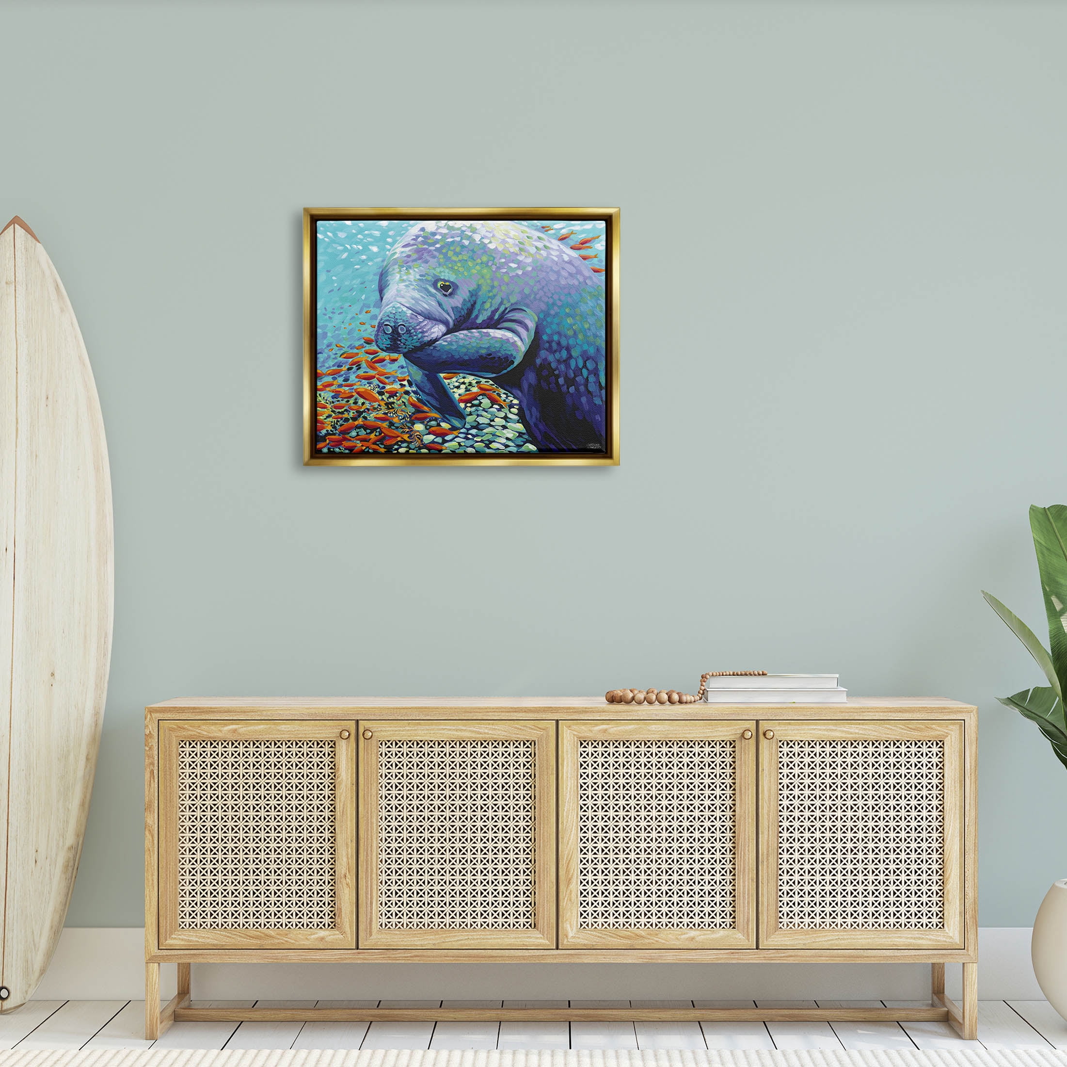 Stupell Industries Underwater Manatee Impressionist Painting Metallic Gold Floating Framed Canvas Print Wall Art, Design by Carolee Vitaletti