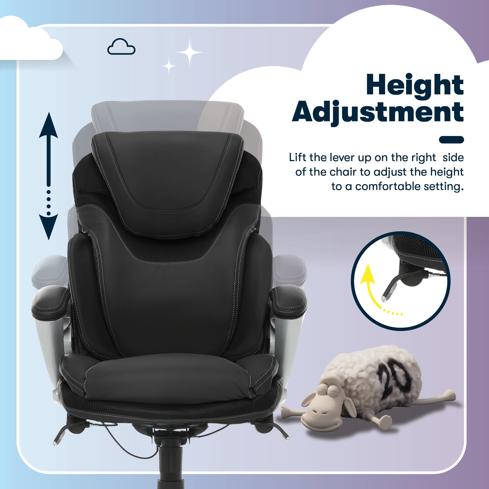 Serta Bryce Executive Office Chair - Ergonomic Computer Desk Chair with Patented AIR Lumbar Technology - Adjustable Height - Memory Foam Body Pillows - 360° Swivel Rolling Base - Bonded Leather - Bla