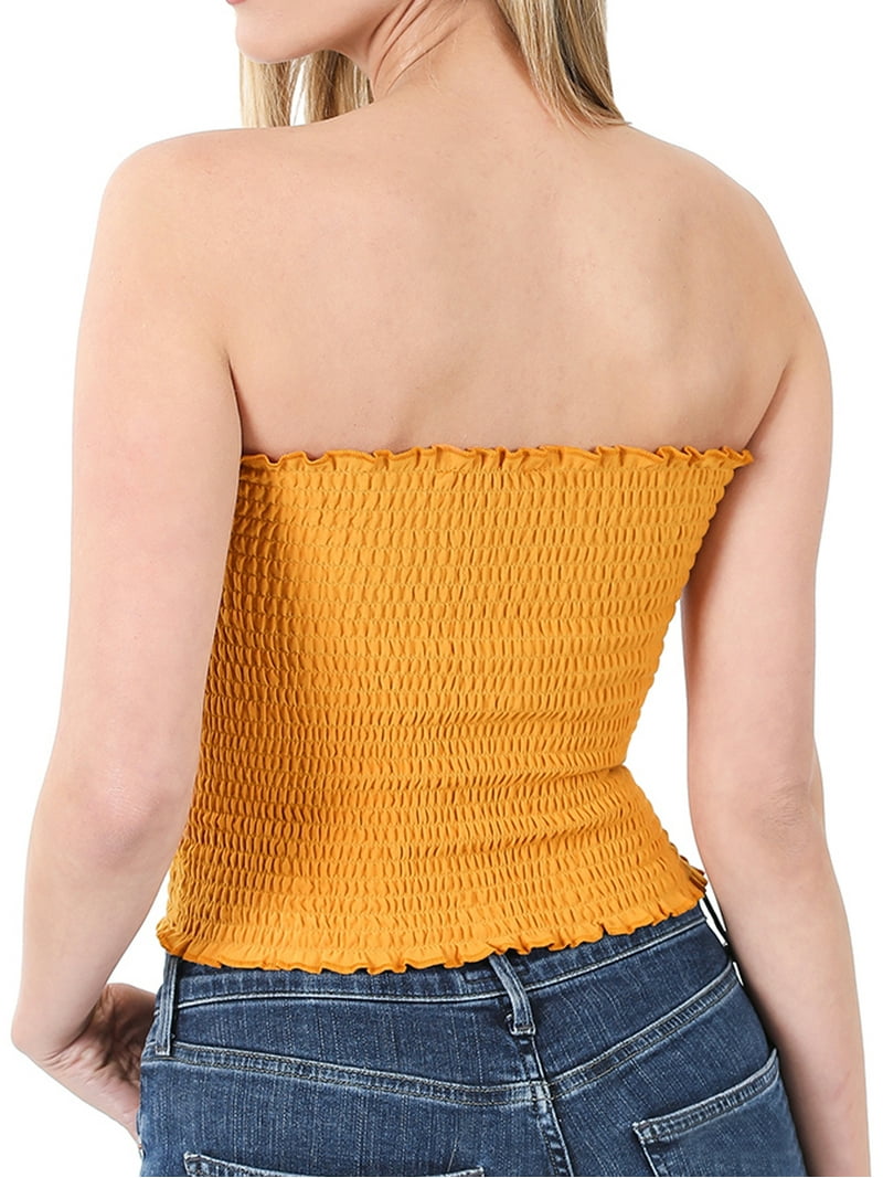 Women Strapless Pleated Solid Colors Smocked Bandeau Sexy Tube - Main Image