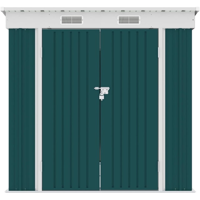 6x4 FT Cobertizo de Almacenamiento Exterior Metálico, con Puertas Dobles con Cerradura y 2 Ventanas de Ventilación Blancas para Herramientas de Jardín, Patio y Trasero, Verde