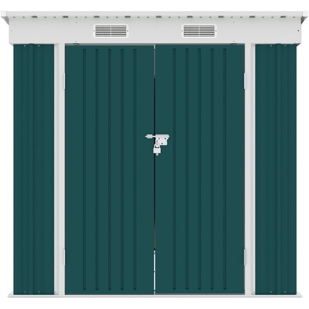 6x4 FT Cobertizo de Almacenamiento Exterior Metálico, con Puertas Dobles con Cerradura y 2 Ventanas de Ventilación Blancas para Herramientas de Jardín, Patio y Trasero, Verde