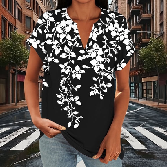 HOMBOM Shirts for Women Henley Tunic Tops V Neck Boho Summer Short Sleeve Ladies Blouse Floral
