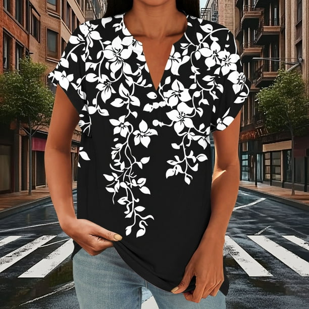 Xuyuer Vintage Style Raglan Sleeve Button Top - Women's Fashion Casual Printed V-Neck Loose Sleeve Blouse for Weekend Outings, Retro Inspired Spring Summer Fashion & Boho Chic Wardrobe Staple