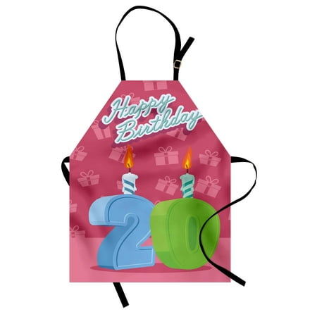 Party Bib - 20th Birthday Apron Birthday Party Themed Lettering on the Pink Colored Backdrop, Unisex Kitchen Bib Apron with Adjustable Neck for Cooking Baking Gardening, Fern Green and Baby Blue, by Ambesonne