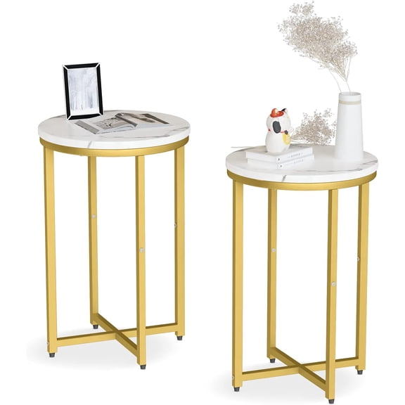 Cvortll Round Side Table Set of 2,Faux Marble White Round End Table,Modern Home Decor Accent Tables for Small Spaces,Living Room,Bedroom