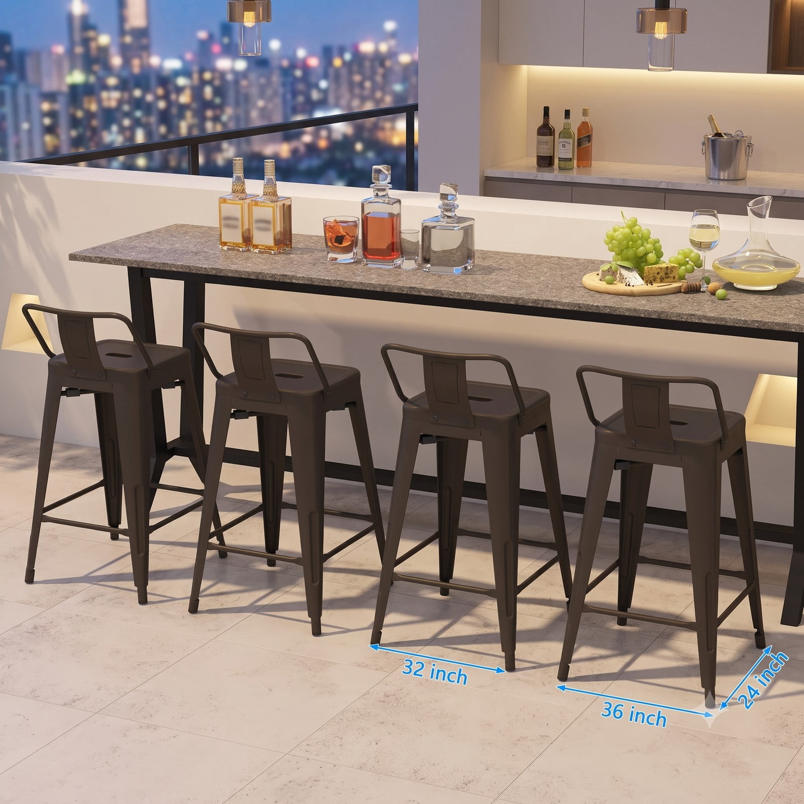 Furnibear 24 Inch Cafe Side Chairs Set of 4, Metal Bar Stools with Removable Backrest, Footrest and Rubber Feet, Stackable Counter Height Kitchen Chairs for, Gun Black