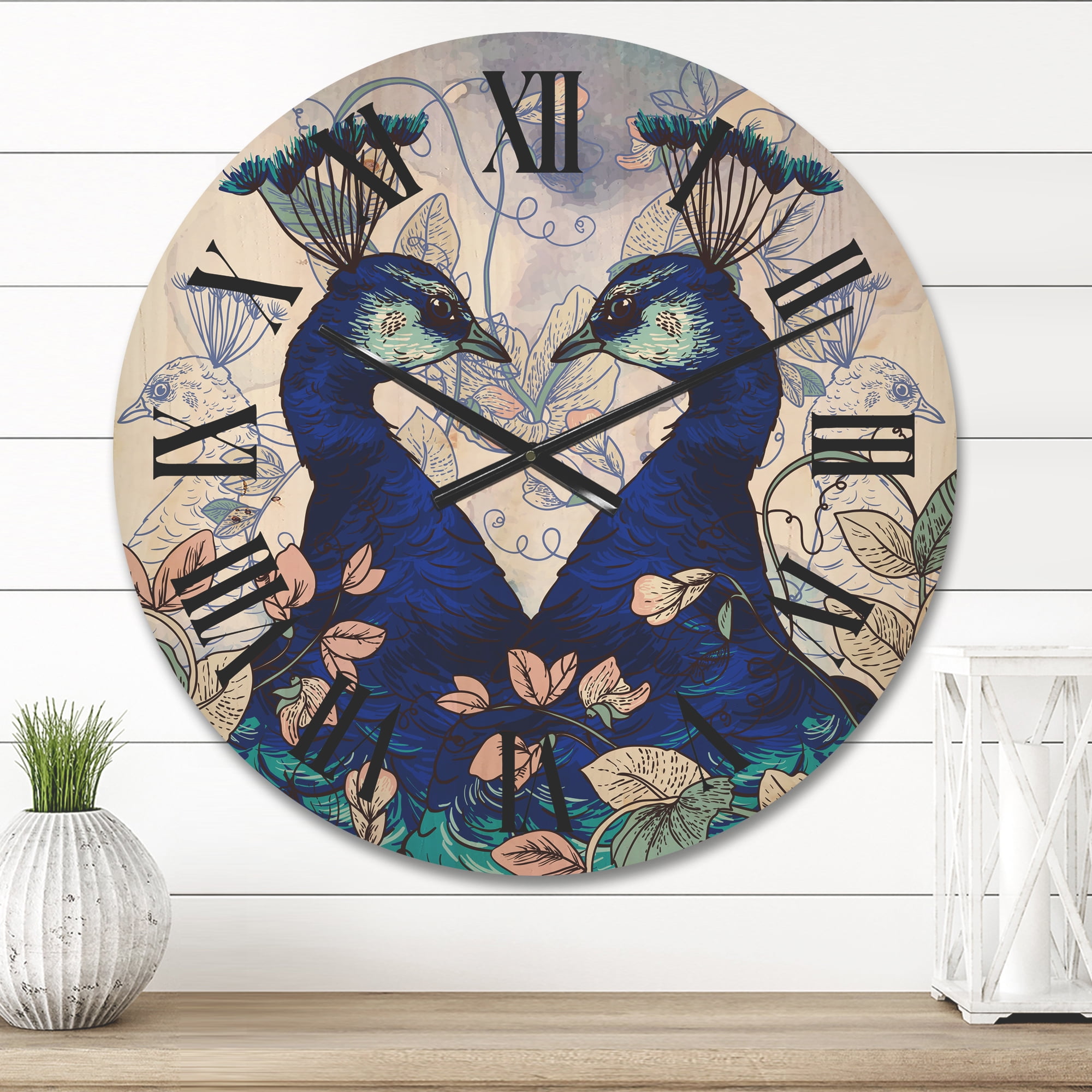 Designart 'Wildflowers With Two Blue Peacocks' Traditional Wood Wall Clock