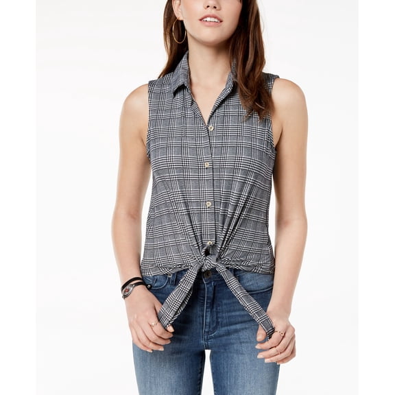 Polly Esther Juniors Printed Tie Front Top Black Plaid S