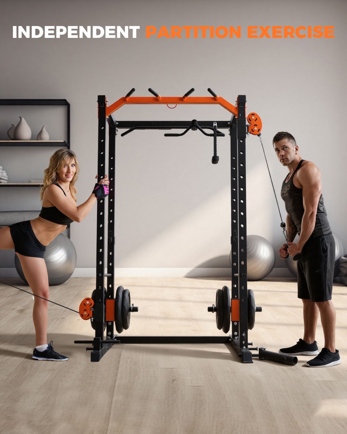 GARVEE Multi-Functional Squat Rack with LAT Pulldown System Exercise Power Cages,2000lb Capacity,Black&Orange