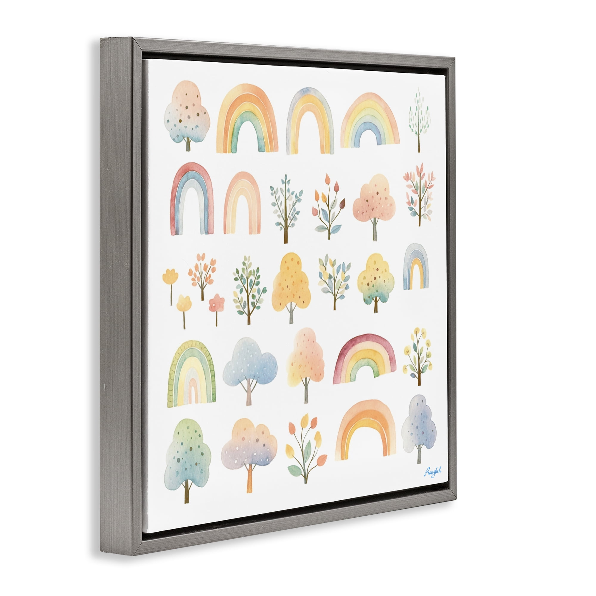 Stupell Industries Happy Rainbows & Foliage Gray Framed Floater Canvas Wall Art, design by Roozbeh