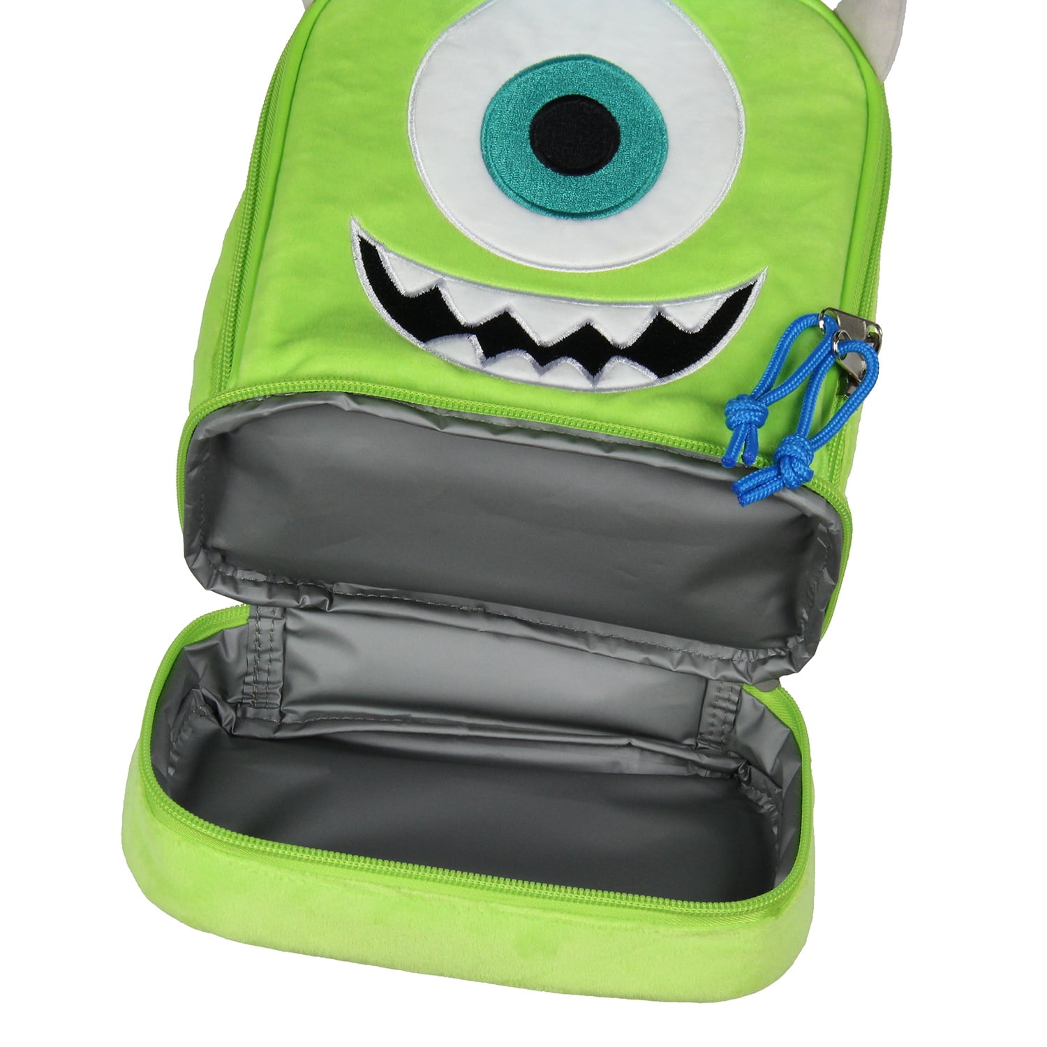 Disney Monsters Inc Lunch Box Mike Wazowski Plush Fuzzy Embroidered Face 3D Ears and Hat Insulated Lunch Bag Tote For Hot And Cold Food 9"