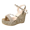 thumbnail image 5 of Rokment Womens Sparkling Sequin Platform Wedge Dressy Sandals Bling Metallic Stylish Casual Open Toe Ankle Strap Chunky Ultra Heeled Dress Summer Shoes for Bride Weddding Gold Size 6, 5 of 7