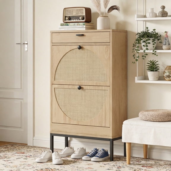 Brafabhome Narrow Shoe Storage Cabinet with 2 Flip Drawers, Rattan Floor Shoe Holder with Shelves & Sturdy Metal Legs for Entryway | 12 Pairs