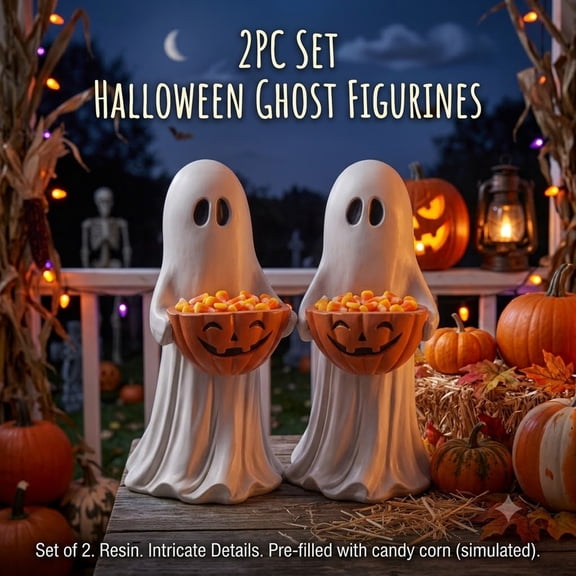 Mivyn Halloween Ghost Figurine With Pumpkin Candy Bowl Outdoor Safe Porch Decor 2 Pack 13.7 Inch