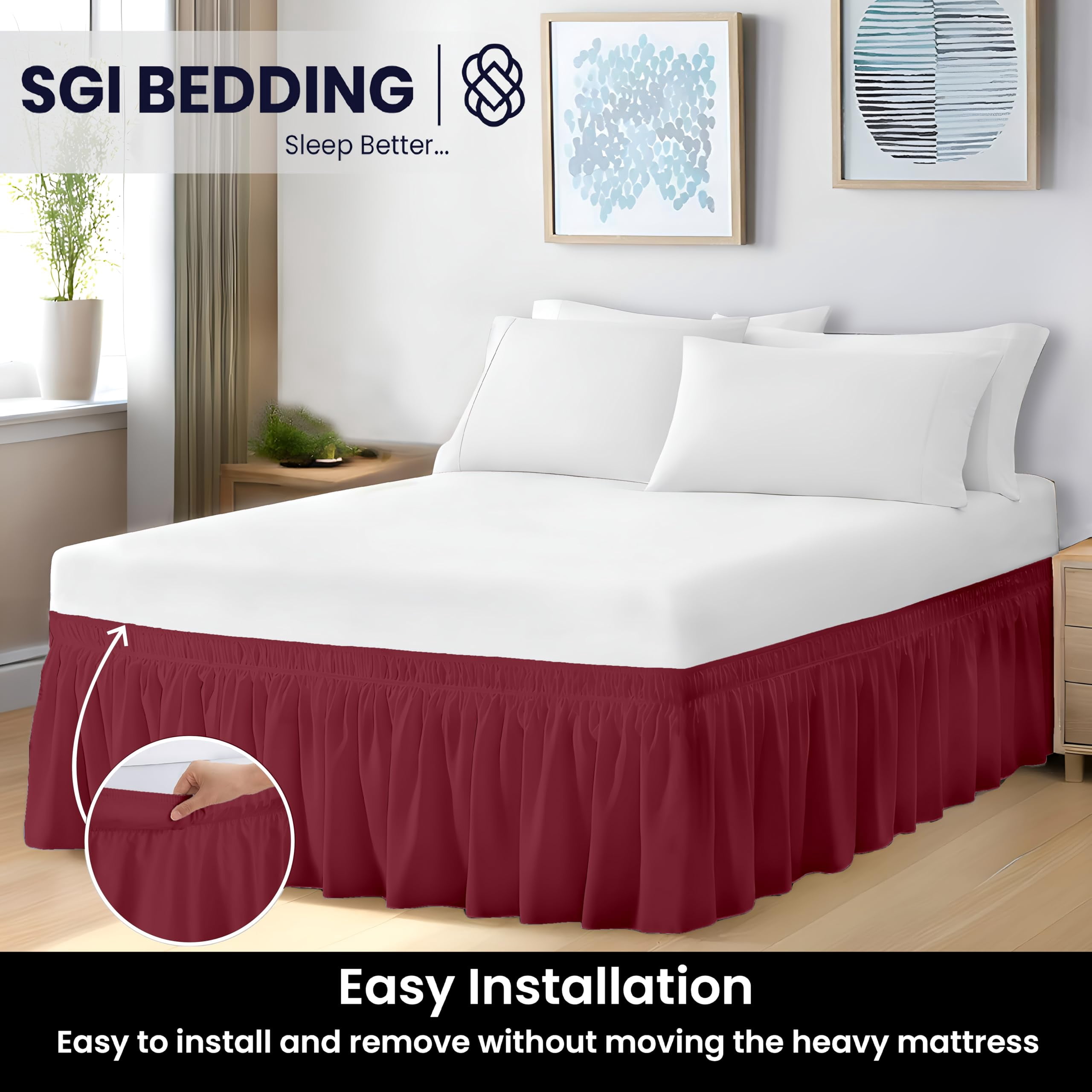 SGI bedding 15 inch Drop Wraparound Bed Skirt Twin Size - No Lifting Required, Adjustable Easy Fit Elastic Strap, Classic Gathered Styling Dust Ruffle, Fade Resistant -Burgundy
