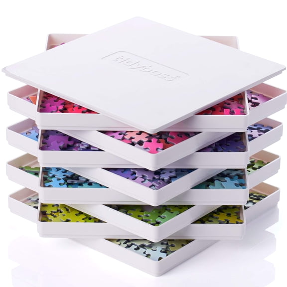 Tidyboss 8 Puzzle Sorting Trays with Lid 8" x 8" - Portable Jigsaw Puzzle Accessories, White Background Makes Pieces Stand Out, for Puzzles Up to 1500 Pieces